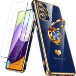 for Samsung Galaxy A52 5G/4G Case with 2 Pack Screen Protector, 360° Rotatable Ring Holder [Luxury Hearts Pattern] Plating Gold Edge Slim Soft Phone Cover Case for Galaxy A52 – Blue