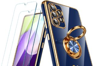 for Samsung Galaxy A52 5G/4G Case with 2 Pack Screen Protector, 360° Rotatable Ring Holder [Luxury Hearts Pattern] Plating Gold Edge Slim Soft Phone Cover Case for Galaxy A52 – Blue