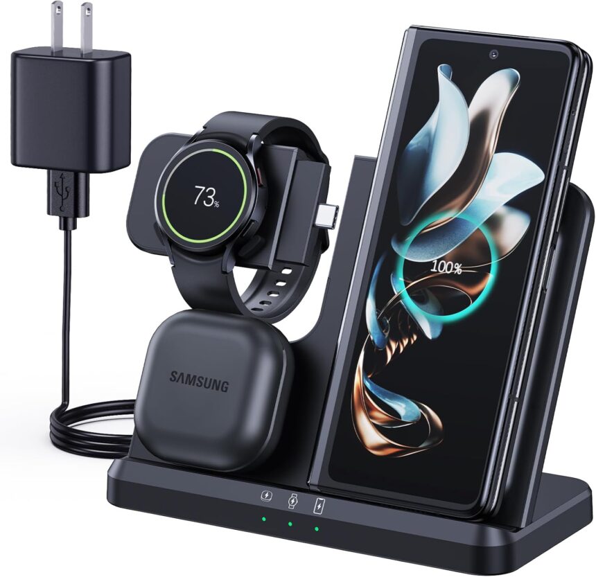 Wireless Charger for Samsung 3 in 1 Wireless Charging Station for Samsung S24 Ultra Plus S23 S22 S21 S20 Z Flip Fold 6/5/4/3 Galaxy Buds, Galaxy Watch 7/6/5/4/3/Active 2/1(Not for Watch Ultra)