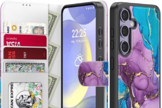 FUNMIKO for Samsung Galaxy S24 Case Wallet – Detachable Flip Folio Leather Cover – RFID Blocking 4 Card Slots Holder – Kickstand Function – Protective Phone Case for Women Girls – Teal Purple Marble